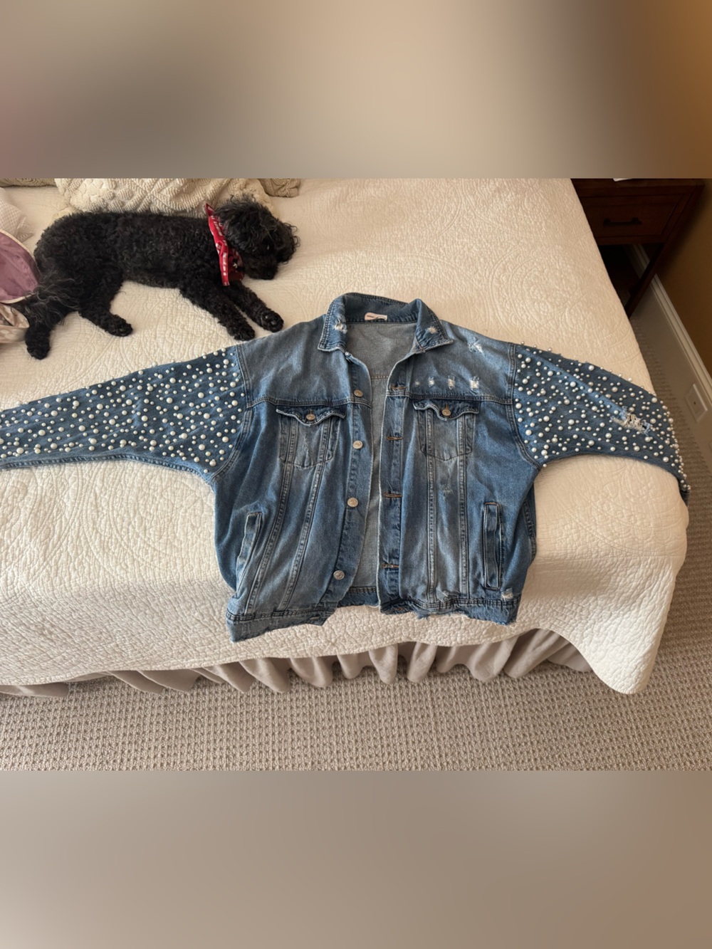 Sunset + spring Women's Pearl-Embellished Blue Denim Jacket